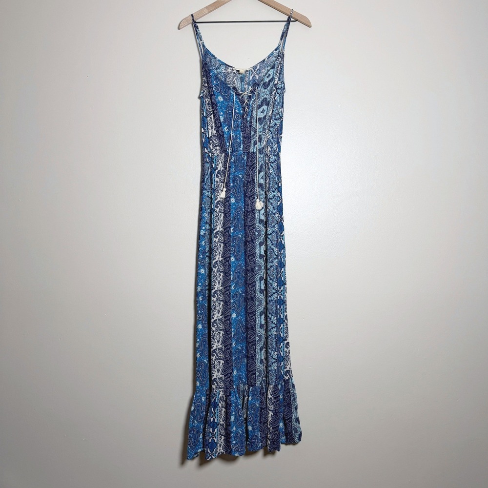 Lovestitch Blue Paisley Patchwork Maxi Dress S Tassel Vacation Beach Coastal